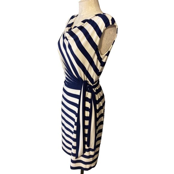 Ralph Lauren Dress Navy Blue Ivory 8 Stripe Stretch Washable Career Church - Picture 3 of 6
